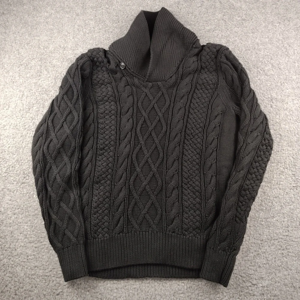 J.Crew Sweater Mens Medium Black Cable Knit Shawl Collar Cotton Fisherman EUC
